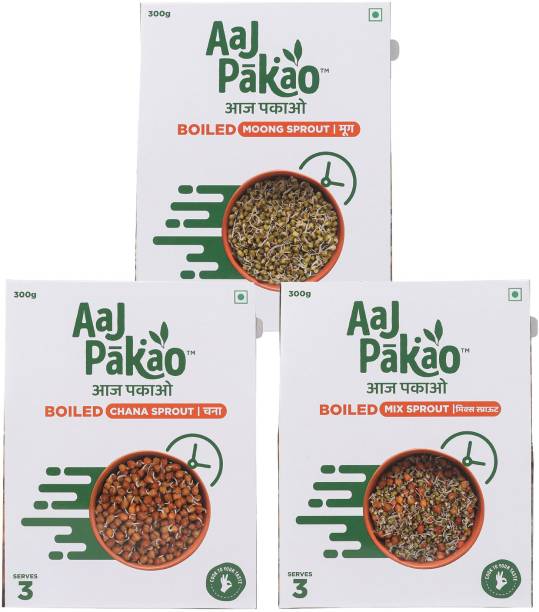 AAJPAKAO Boiled Moong + Chana + Mixed Sprout Combo Pack of 3, Ready to Cook (300g Each) 900 g