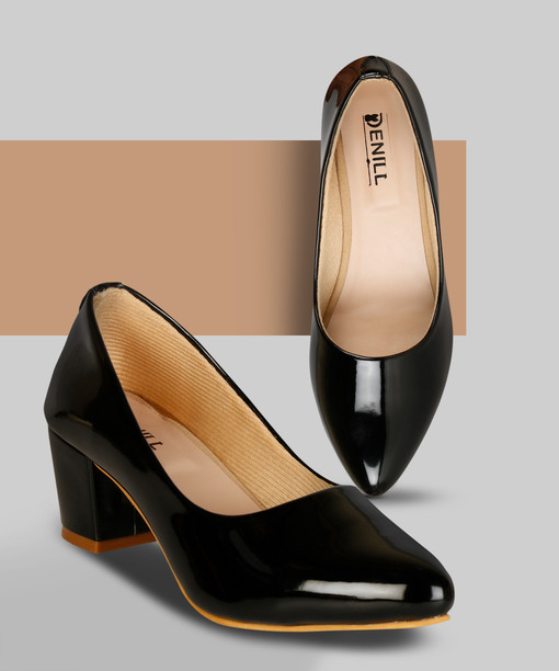 shiny black block heels