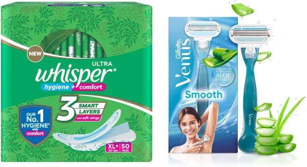 Whisper Ultra Clean 50s plus Venus Hair Removal Razor (Women Hygiene Combo) Sanitary Pad