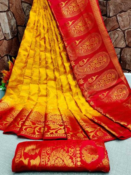 Woven, Solid/Plain Banarasi Cotton Silk, Jacquard Saree Price in India