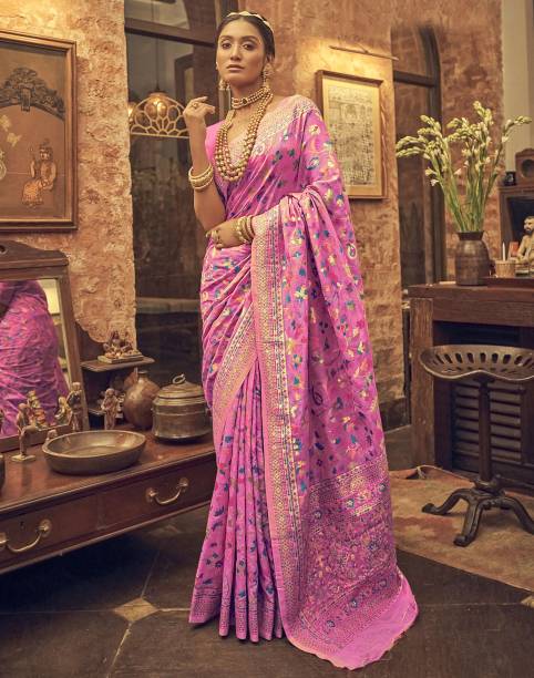 Woven, Embellished, Self Design Paithani Cotton Blend, Jacquard Saree Price in India