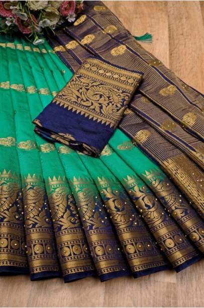 Embellished, Woven, Dyed Banarasi Silk Blend Saree Price in India