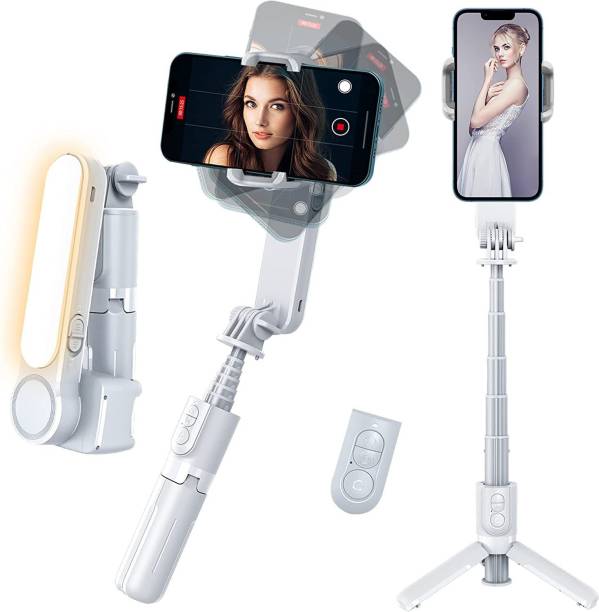 Hold up Gimbal Stabilizer for Smartphones, Handheld Gimbal Stabilizer with Filling Light, I-Phone Gimbals with Remote Control, Portable Mobile Phone Stabilizer for Video (White) Bluetooth Selfie Stick