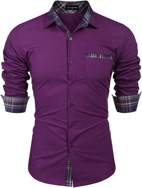 DEELMO Men Solid Casual Purple Shirt