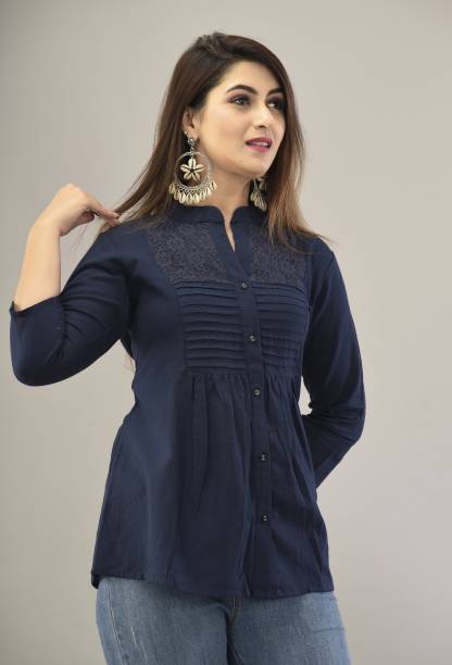 IQRAAR Women Embroidered Casual Dark Blue Shirt