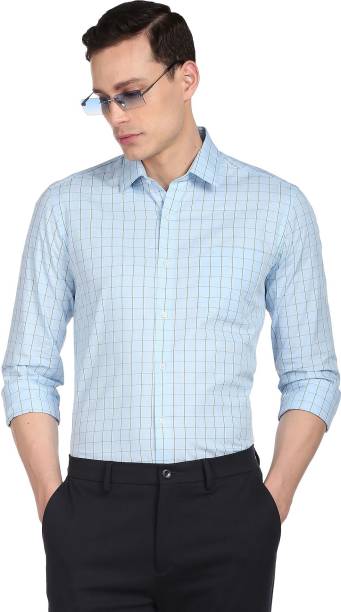 Men Slim Fit Checkered Cut Away Collar Formal Shirt Price in India