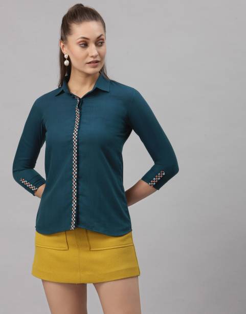 Selvia Women Embroidered, Solid Formal Blue Shirt
