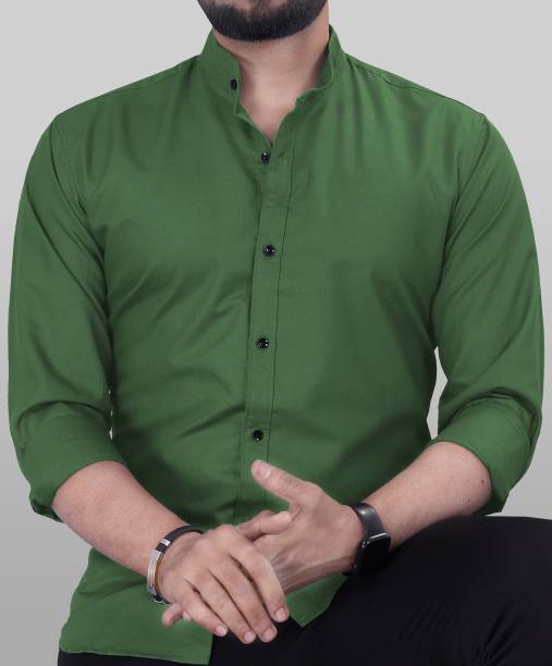 Men Regular Fit Solid Mandarin Collar Casual Shirt Price in India