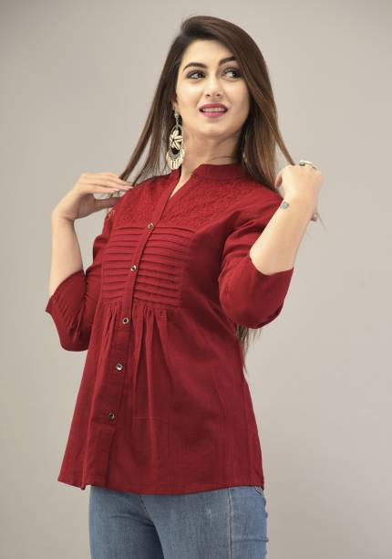 IQRAAR Women Embroidered Casual Maroon Shirt