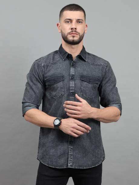 Men Regular Fit Washed Cut Away Collar Casual Shirt Price in India