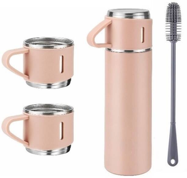 ICONIX Vacuum Flask set 3Cup set for Hot & Cold Drink BPA Free (Pink)with Silicon Brush 500 ml Flask