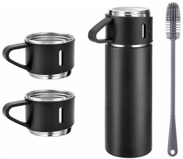 ICONIX Vacuum Flask set 3Cup set for Hot & Cold Drink BPA Free(Black)with Silicon Brush 500 ml Flask