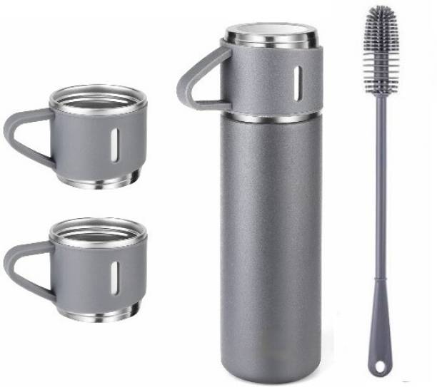 ICONIX Vacuum Flask set 3Cup set for Hot & Cold Drink BPA Free Grey with Silicon Brush 500 ml Flask
