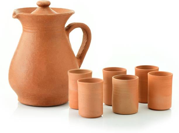 flux Natural Terracotta Earthen Clay Classic Water Jug and Glass Pack of 6 for Drinking Water Serving Water (Natural Finish) Jug Glass Set