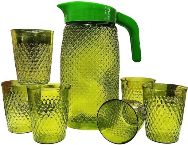 Green Jug with 6 Pieces Glasses Set for Juice/ Water/Drink Serve Jug Glass Set (Plastic) Jug Glass Set