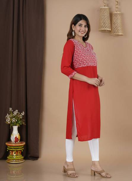 Women Embroidered, Solid Cotton Rayon Straight Kurta Price in India