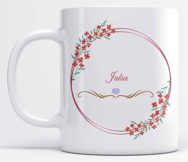 LOROFY Name Jalsa Printed Floral and Leaves Design White Ceramic Coffee Mug