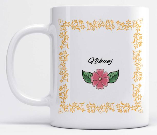 LOROFY Name Nikunj Printed Orange Frame Design White Ceramic Coffee Mug