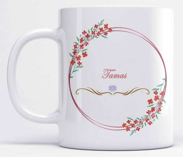 LOROFY Name Tamas Printed Floral and Leaves Design White Ceramic Coffee Mug
