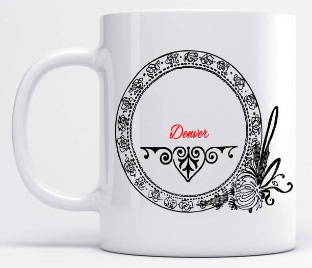 LOROFY Name Denver Printed Black Floral Design White Ceramic Coffee Mug