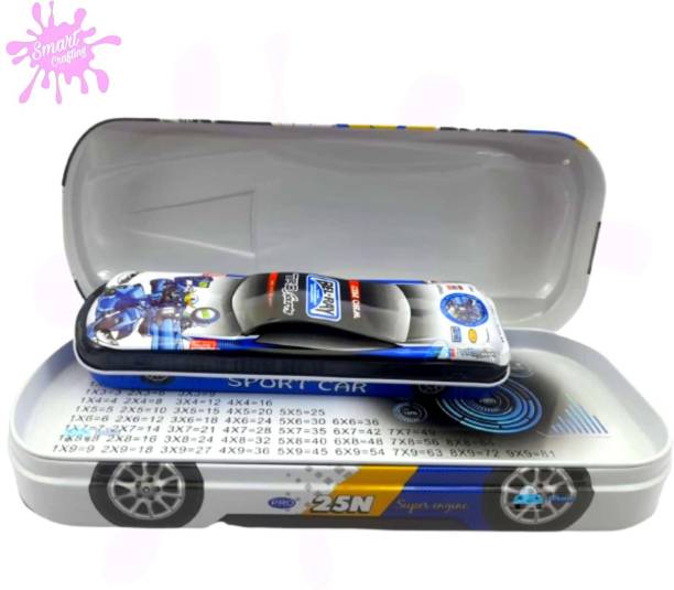 SmartCrafting Blue Speedy Car Pencil Box|Double Car in Pencil Box|Art Metal Car Pencil Box Speed Blue Car Cartoon Printed With Double Car Metal Pencil Box, Car Pencil Box Art Metal Pencil Box