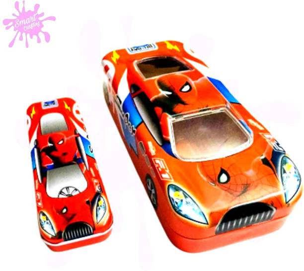 SmartCrafting Red Speedy Car Pencil Box|Double Car in Pencil Box|Art Metal Car Pencil Box Speed Red Car Cartoon Printed With Double Car Metal Pencil Box, Car Pencil Box Art Metal Pencil Box