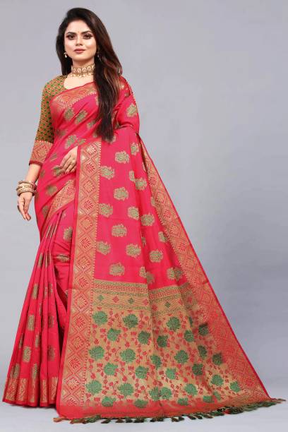 Self Design, Checkered Banarasi Jacquard, Cotton Silk Saree Price in India
