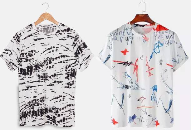 Pack of 2 Men Printed Round Neck Reversible White T-Shirt Price in India