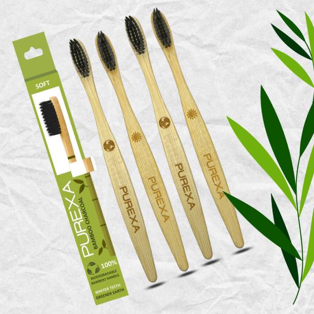 PUREXA Bamboo Charcoal Toothbrush, Soft brush - (Pack of 4), With Charcoal Infused BPA free Grade 4 Nylon Soft Bristles Soft Toothbrush