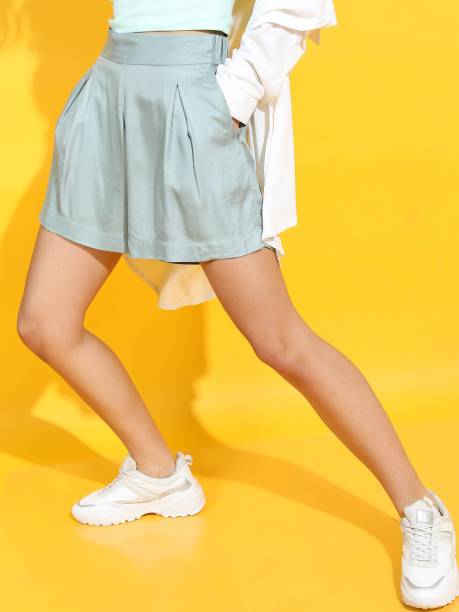 Tokyo Talkies Solid Women Grey Casual Shorts