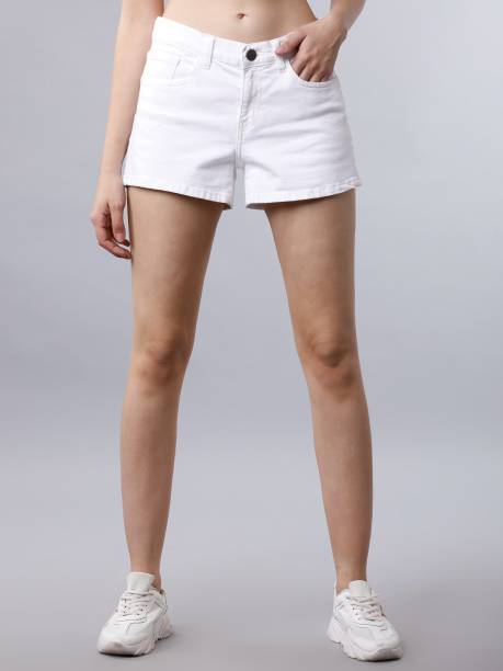 Tokyo Talkies Solid Women White High Waist Shorts