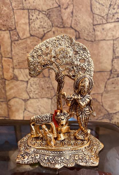 Ryme Krishna Idol Murti with Kamdhenu Cow / Krishna with Cow Standing Under Tree Decorative Showpiece  -  16.5 cm