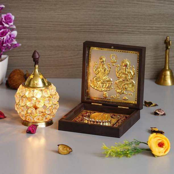 Empire Gift Laxmi Ganesh Charan Paduka 24 K Gold Plated , Akhand Diya Brass Crystal Oil Lamp Decorative Showpiece  -  12.1 cm