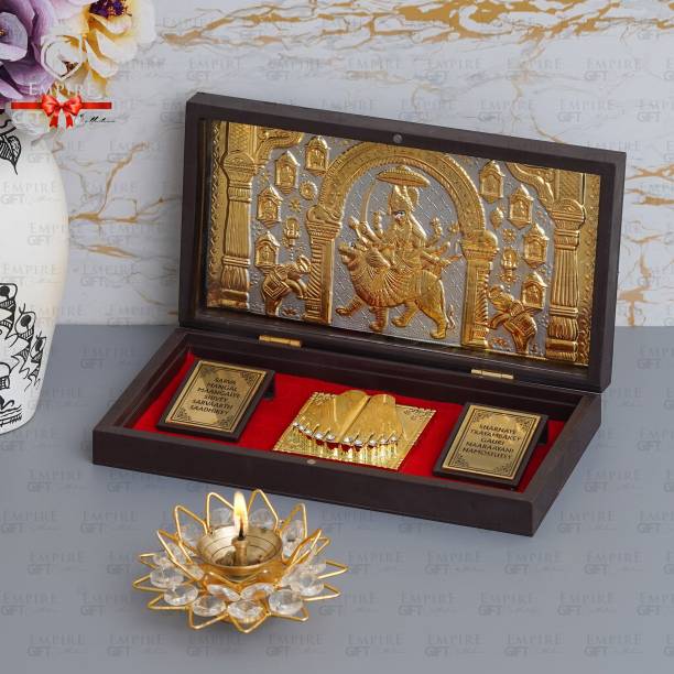 Empire Gift 24K Gold Plated Maa NavDurga Idol With Charan Paduka and Brass Bowl Crystal Diya Decorative Showpiece  -  22 cm