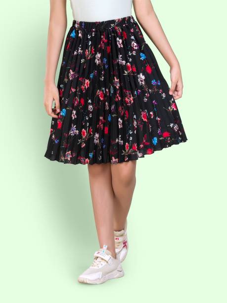 Uptownie Lite Floral Print Girls Pleated Black Skirt