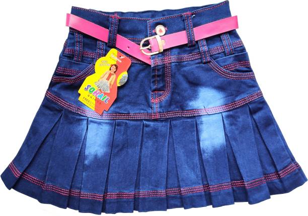 Sohail Self Design Baby Girls Pleated Pink, Blue Skirt
