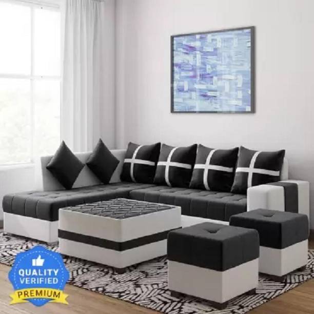 Top 10wood L Shape RHS Set With Centre Table And Puffy Fabric 3 + 2 + 1 + 1 Sofa Set, Black Fabric 3 + 2 + 1 + 1 Sofa Set