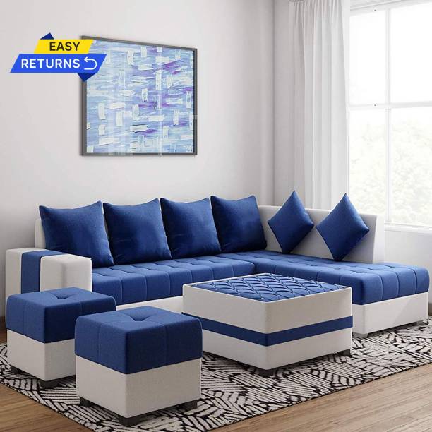 Torque Steffan L Shape 8 Seater Fabric Sofa Set with Centre Table and 2 Puffy(Right Side, Blue) Fabric 3 + 2 + 1 + 1 Sofa Set