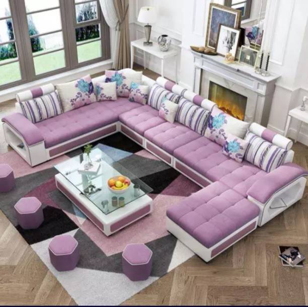 oxtem U shape sofa set 9 seater with Tea Table & 4 Puffy Fabric 3 + 2 + 2 + 1 Sofa Set