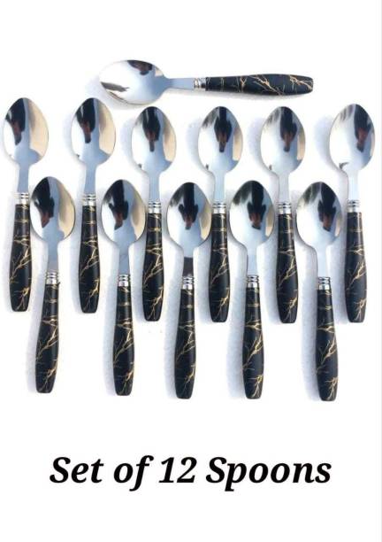 krishnaa enterprises Stylish Dinner Table Spoon with Black Ceramic Handle Marble Stainless Steel Table Spoon Set