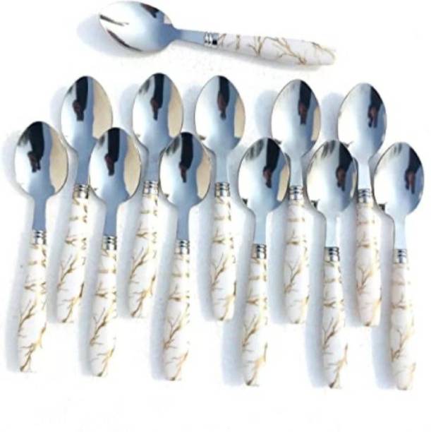 krishnaa enterprises Spoon Set for Dining table Stylish White Ceramic Handle Marble (Pack of 12) Steel, Ceramic Table Spoon Set
