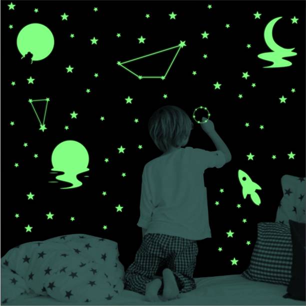 DreamKraft 25 cm Glow in the Dark Sticker Set - Moon, Star, Galaxy, and Rocket Designs Self Adhesive Sticker