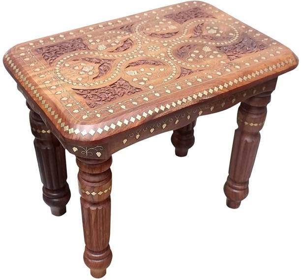 AALIYA ART AND CRAFT Wooden Stool with Carving and Brass Work On Top and Legs ( Pure Sheesham Wood) Stool