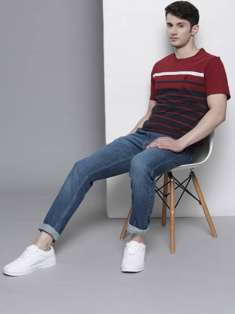 Men Striped Round Neck Red T-Shirt Price in India