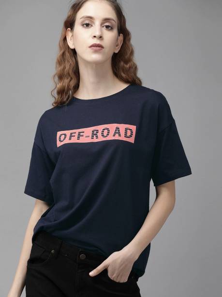 Roadster Printed Women Round Neck Dark Blue T-Shirt