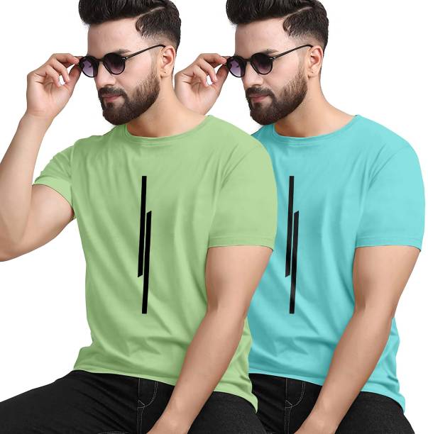 Pack of 2 TSRT-03-OLIVEGREEN-BLUE-2COMBO Men Striped Round Neck Green, Blue T-Shirt Price in India