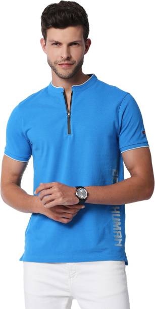 Men Solid Mandarin Collar Light Blue T-Shirt Price in India