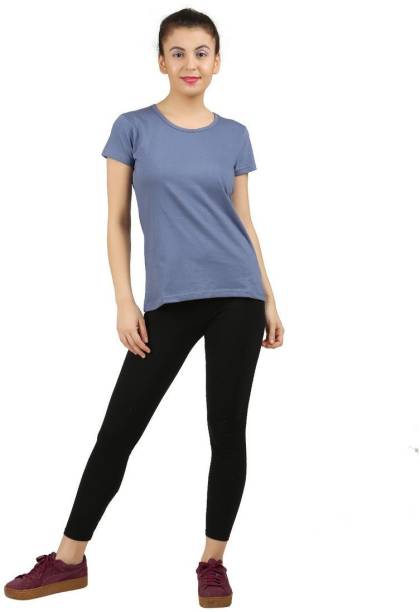 DONOCRAZY Solid Women Round Neck Light Blue T-Shirt