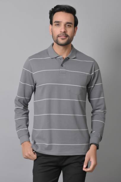 Men Striped Polo Neck Grey T-Shirt Price in India