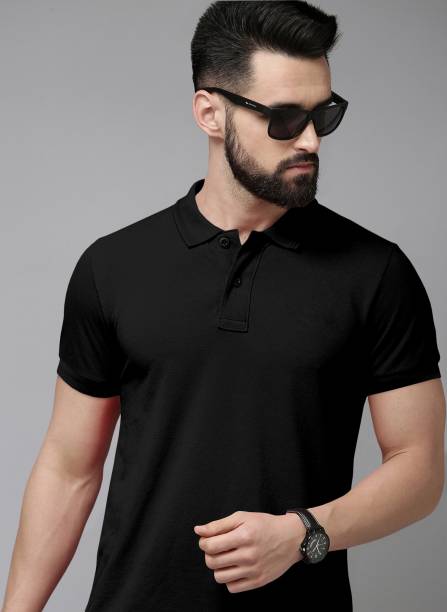 Solid Men Polo Neck Black T-Shirt Price in India